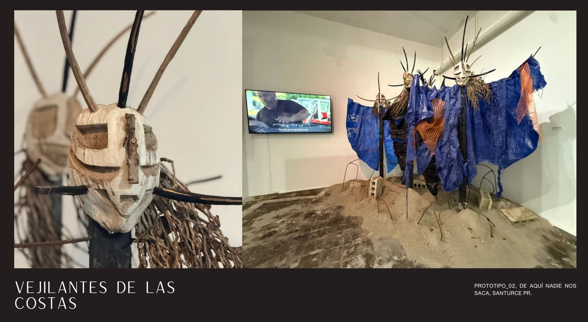 Prototipo de Vejilantes de la costa: máscara tallada y figuras de material descartado en una instalación en Santurce